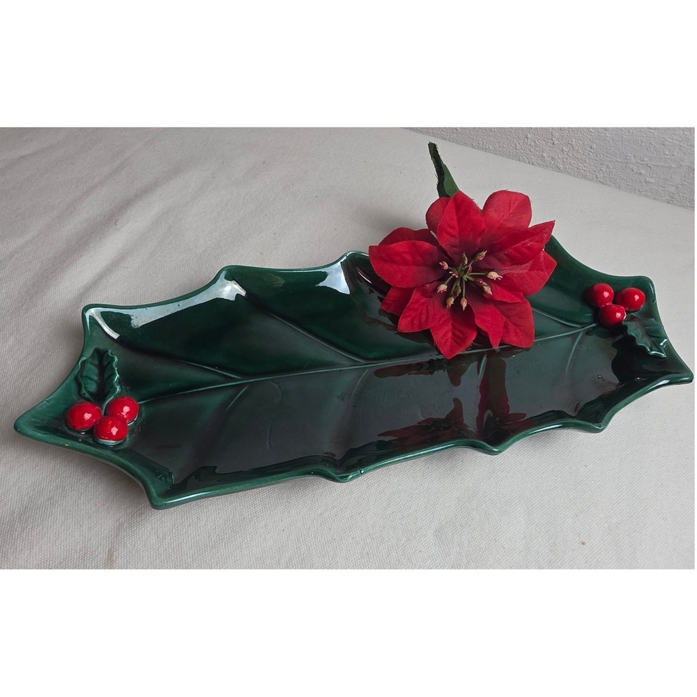 Vintage Lefton Japan Ceramic Holly Leaf Berry Christmas Serving Tray 1348 Green